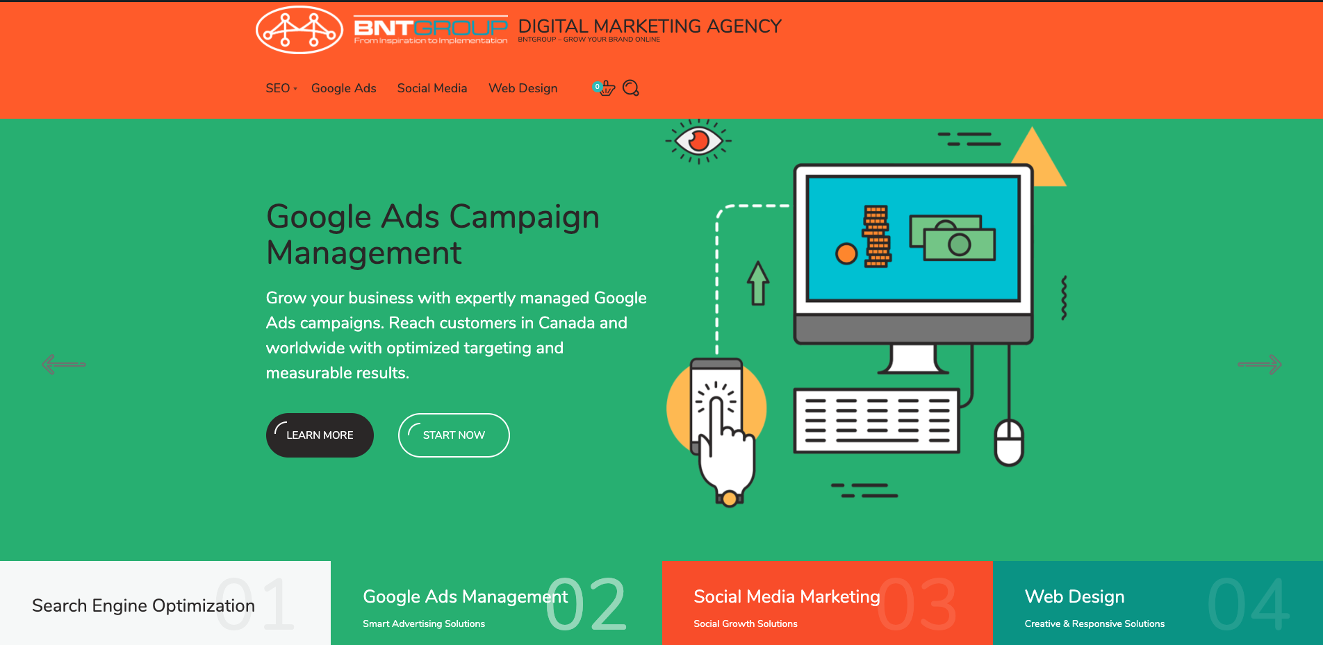 Google Ads campaign management illustration with computer and marketing icons