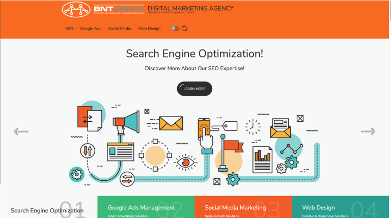 Search Engine Optimization services illustration with digital marketing icons