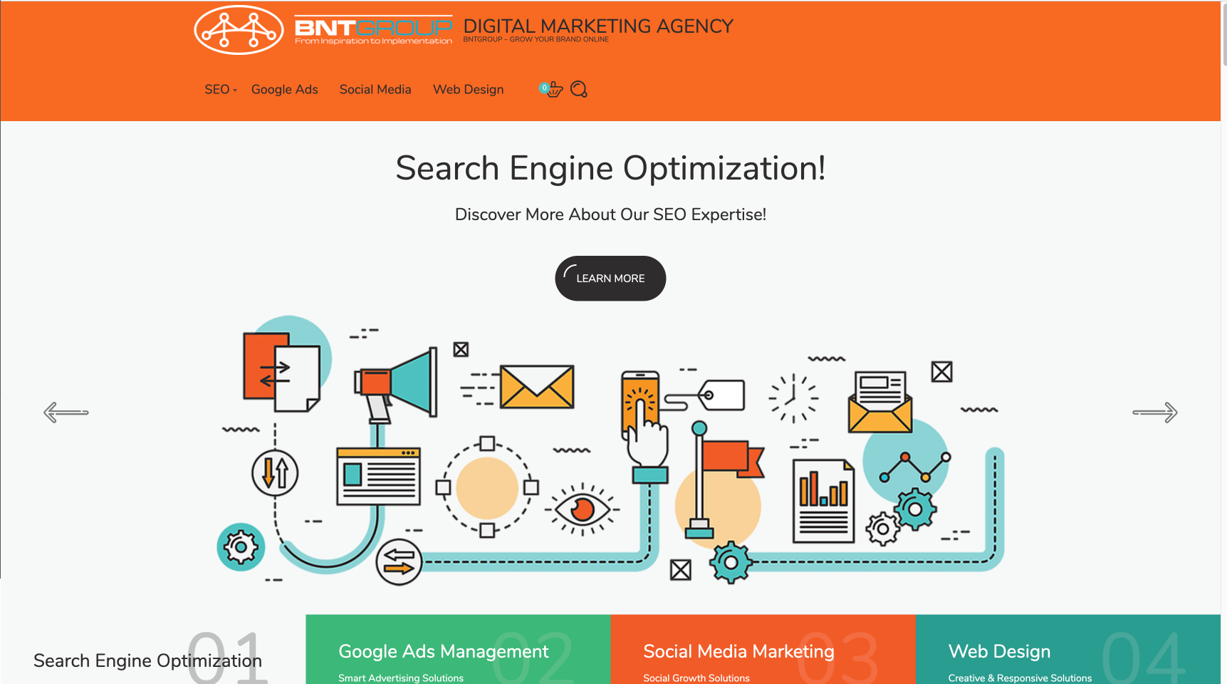 Search Engine Optimization services illustration with digital marketing icons