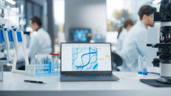 DNA analysis software displayed on a laptop in a modern Canadian biotechnology laboratory