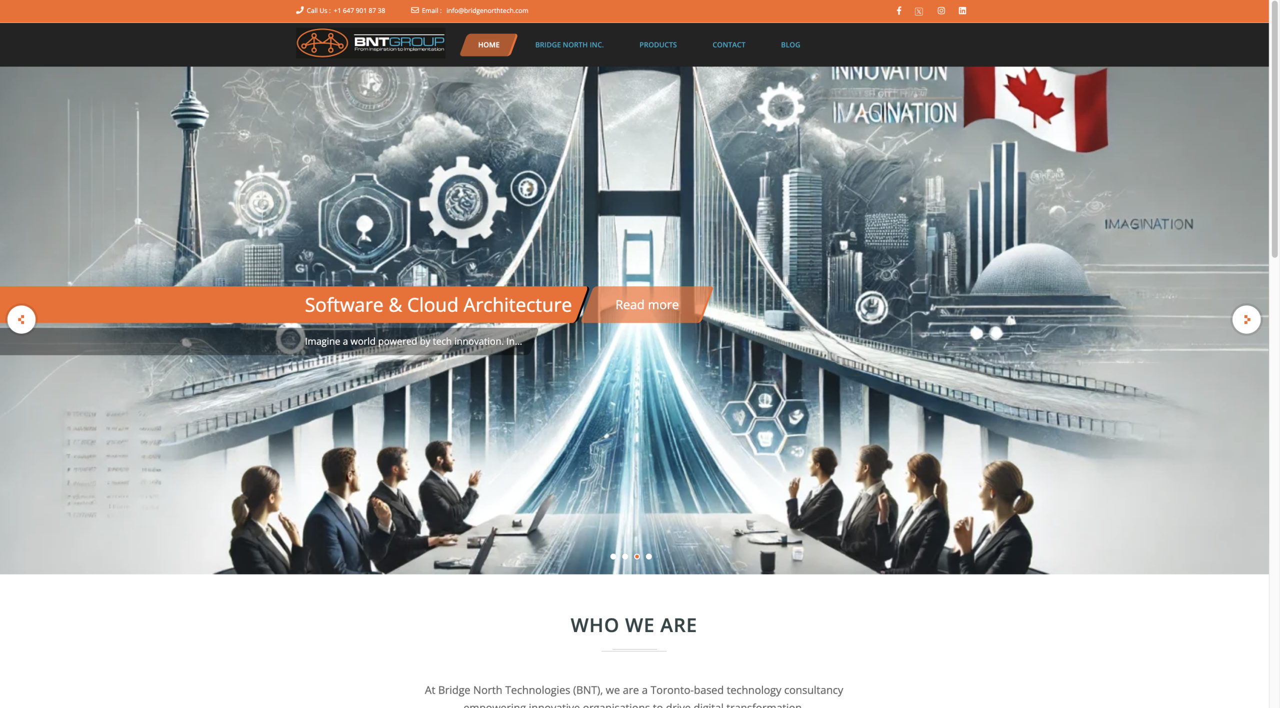Bridge North Technologies website homepage showing Software & Cloud Architecture services with Toronto skyline and Canadian flag