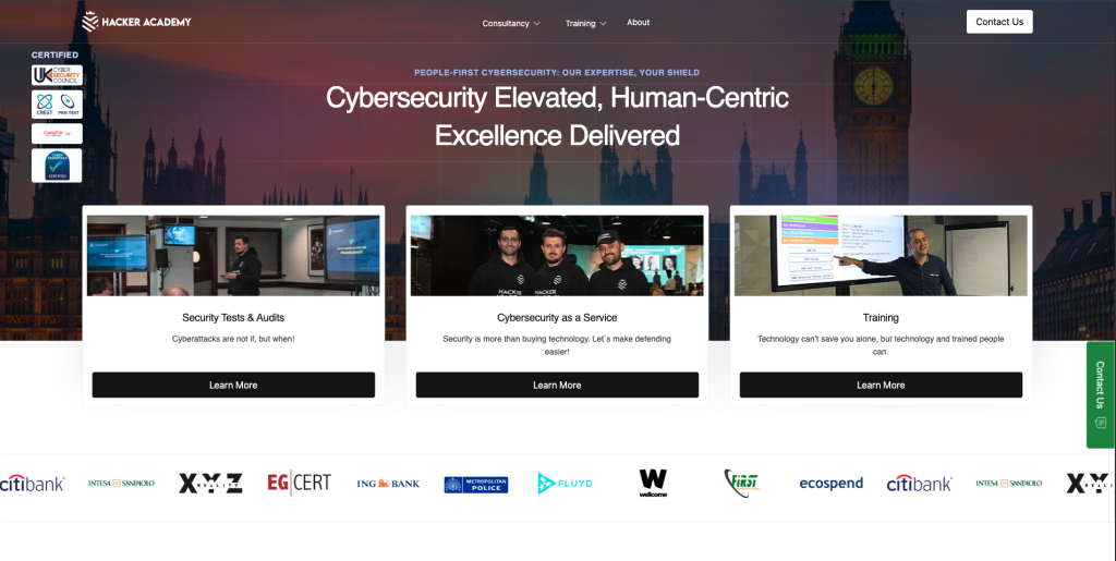 Screenshot of Hacker Academy’s website homepage showcasing cybersecurity services in a 3-column grid: Security Tests & Audits, Cybersecurity as a Service, and Training.