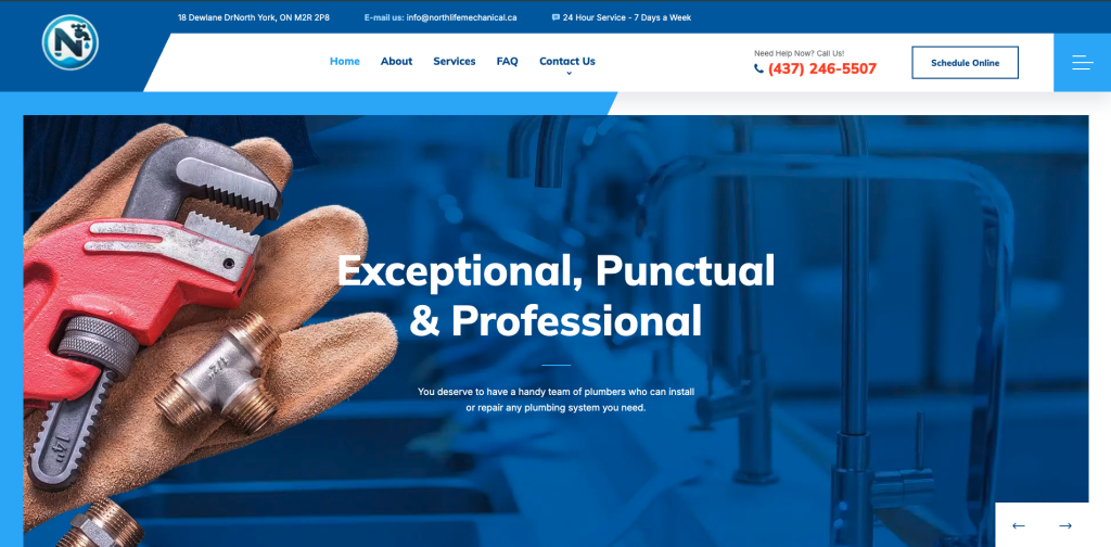 Northlife Mechanical plumbing website homepage hero with adjustable wrench — Toronto, Ontario