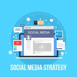 Social media strategy concept with laptop and engagement icons on blue background